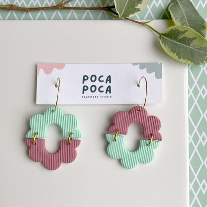 Floral Spring | Two-Tone Pastel Floral Hoop Earrings with Line Texture