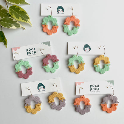 Floral Spring | Two-Tone Pastel Floral Hoop Earrings with Line Texture